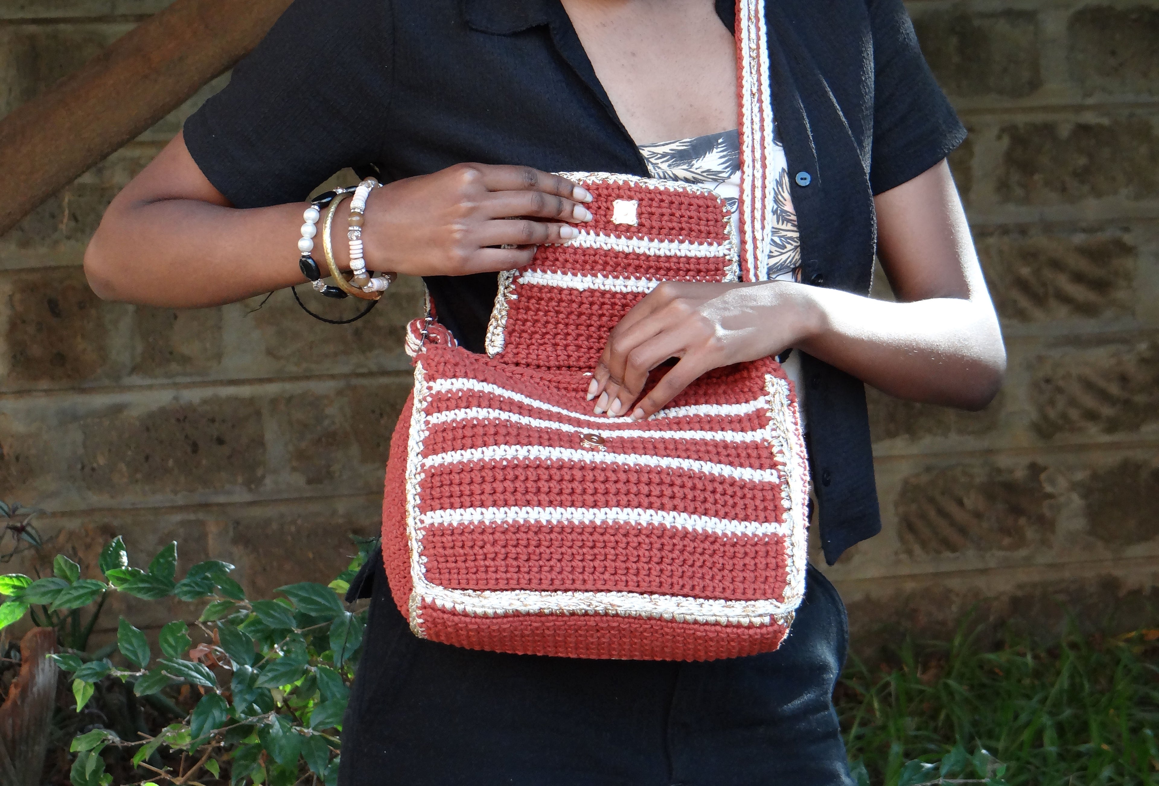 Brown and Off-white Striped Bag.