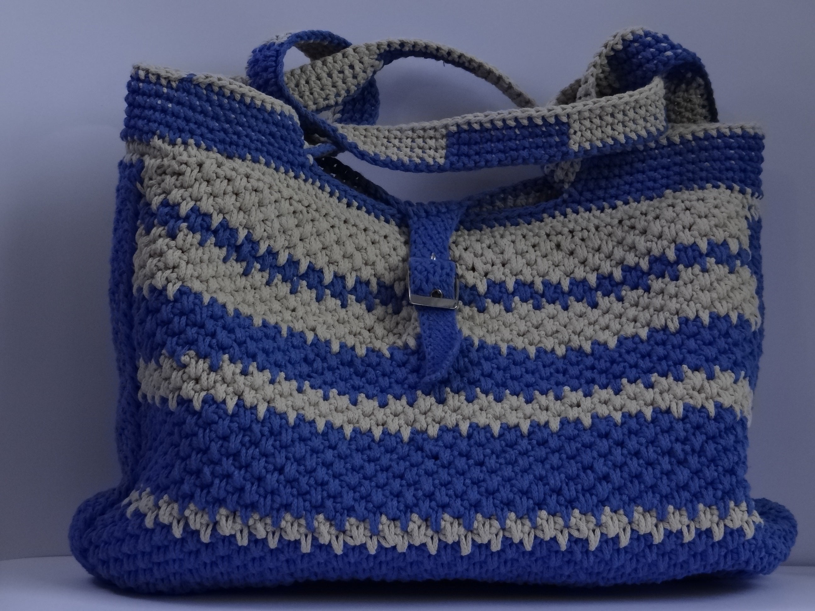 Blue and off-white tote bag.
