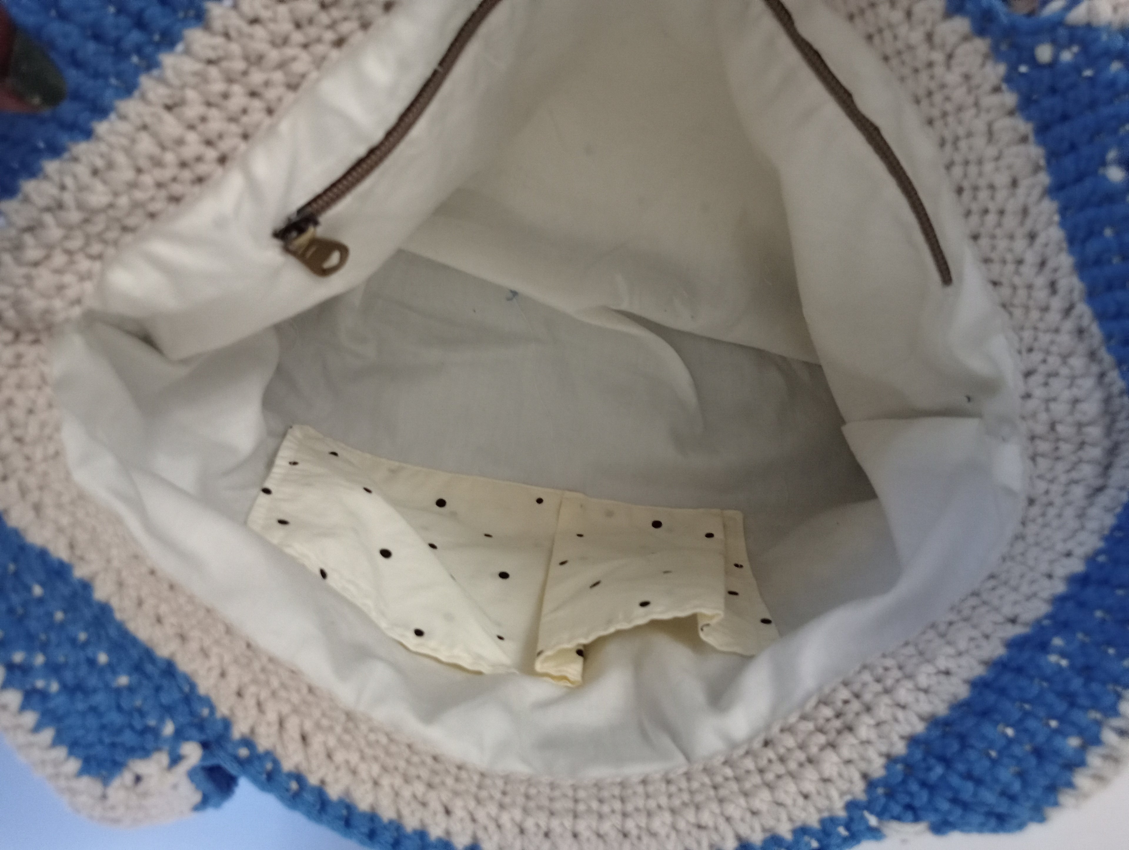 Blue and off-white tote bag.