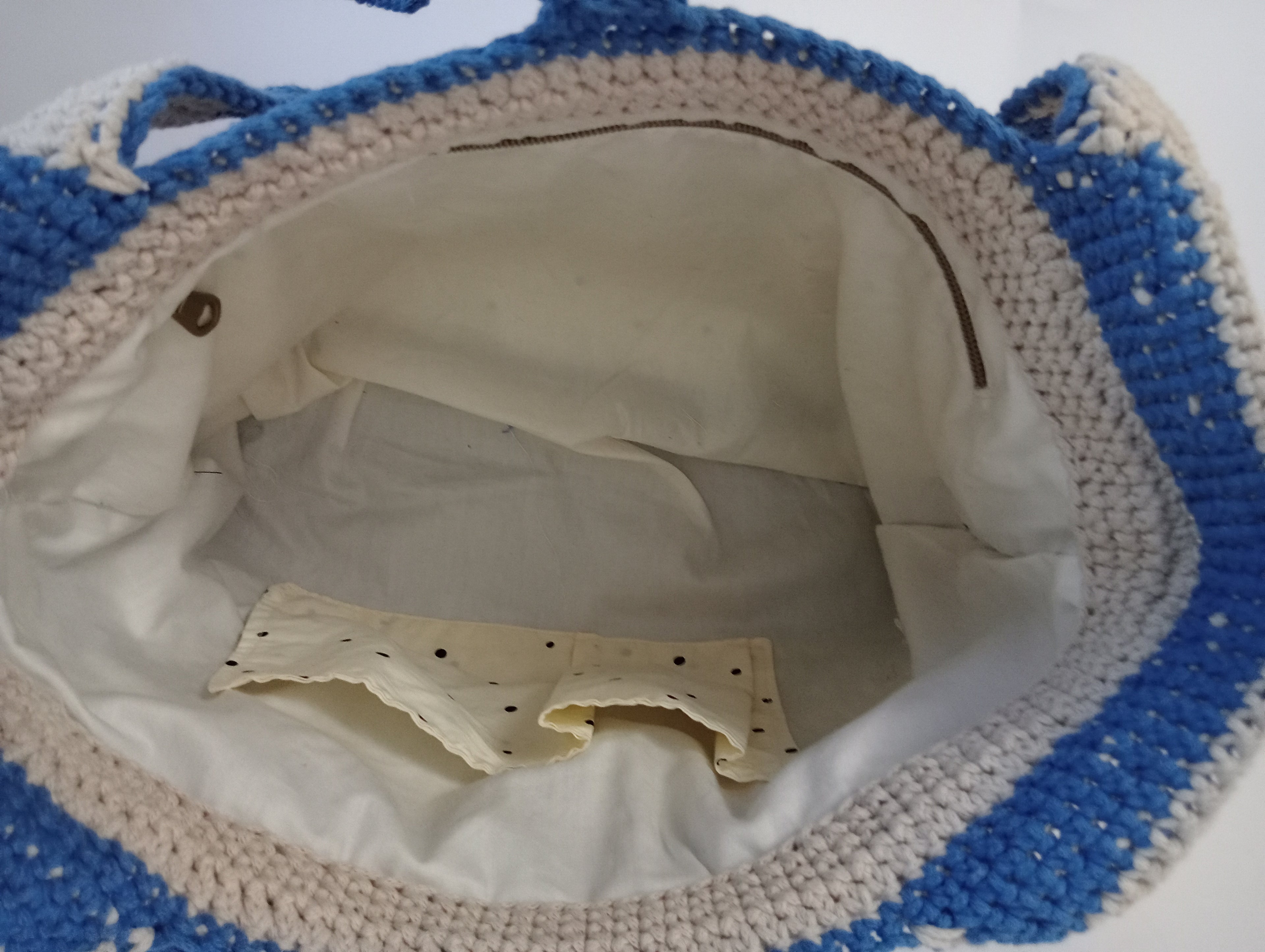 Blue and off-white tote bag.