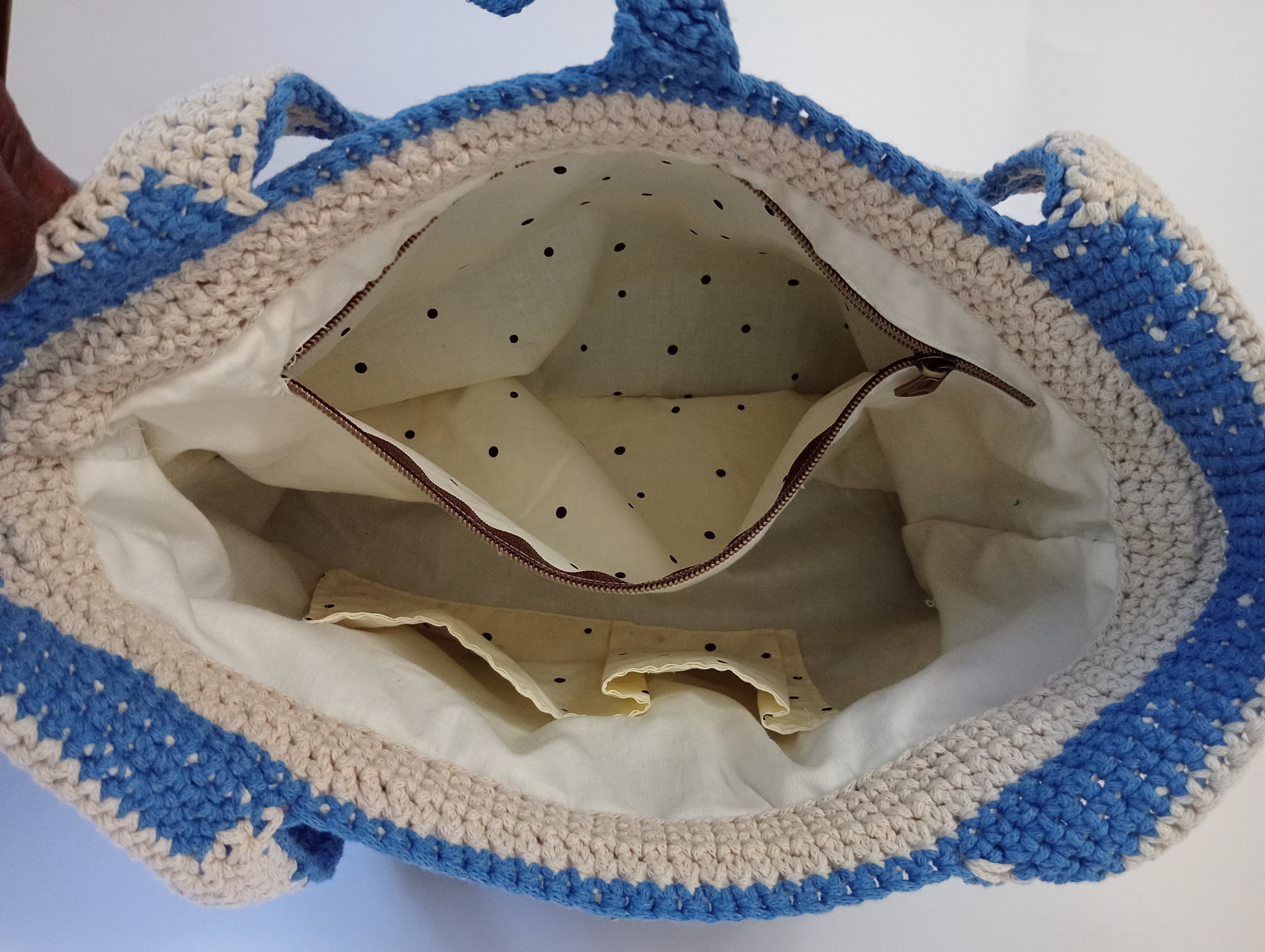 Blue and off-white tote bag.